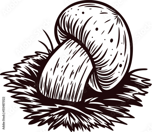 Vintage engraved edible mushroom illustration with large cap and short stem in forest grass