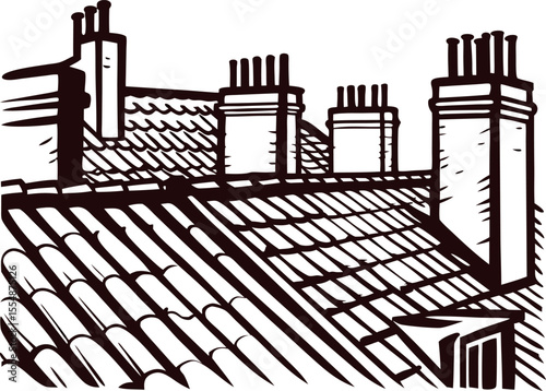Vintage hand drawn rooftop with multiple chimneys and tiles in engraved etching illustration
