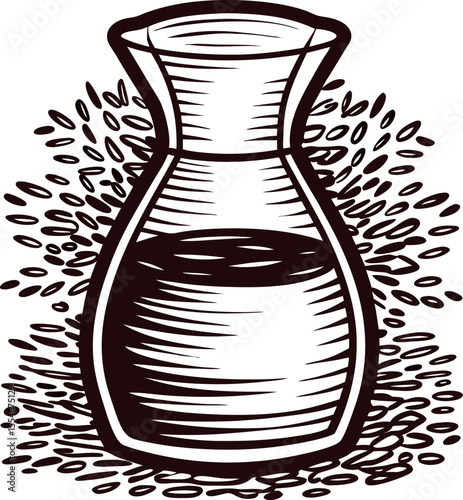 Hand drawn vintage glass decanter filled with liquid in engraved rustic illustration