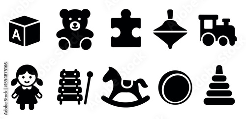 Toys silhouette icon set. cute playthings, bear, puzzle, and more in silhouette style