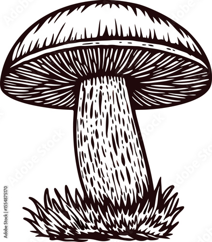 Vintage hand drawn illustration of edible mushroom with thick stem and cap growing in grass isolated on white