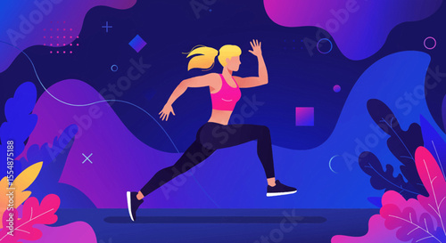 Stylish vector illustration of a young sporty woman running, perfect for landing page banners, marketing materials, presentations, and web design projects needing a modern, flat design aesthetic.