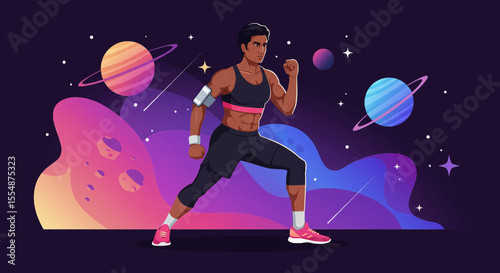A strong athletic woman in a lunge position is depicted in a vibrant flat design illustration against a cosmic background, ideal for fitness websites, marketing campaigns, or presentations.