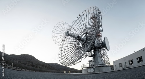 A Stunning Aerial View of a Large Communication Satellite Dish Captured in a Distant Landscape