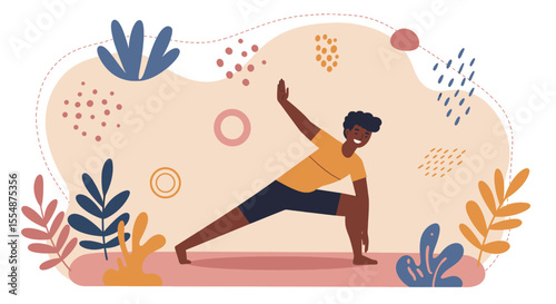 A happy Black man performs a yoga pose in a vibrant flat design illustration, perfect for wellness websites, presentations, and marketing materials.