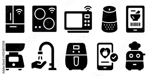 Smart home appliance solid icon set for innovative, connected kitchen devices