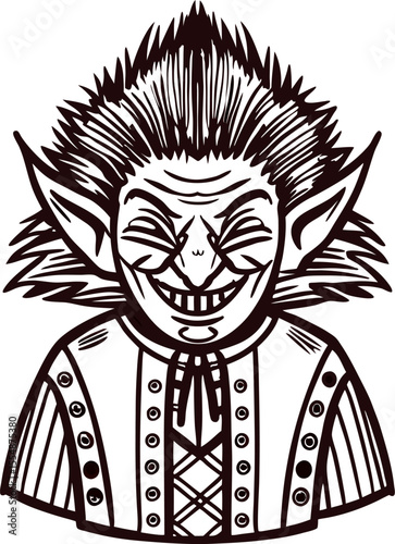 Grinning fantasy goblin character with wild spiky hair and pointed ears in ornate striped jacket, black ink drawing
