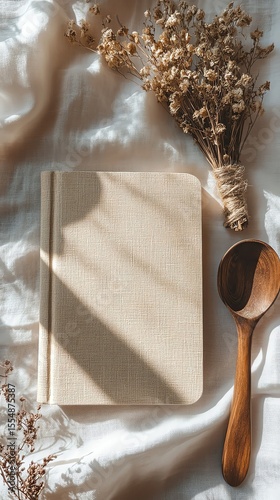 Cozy setup with book and wooden spoon.