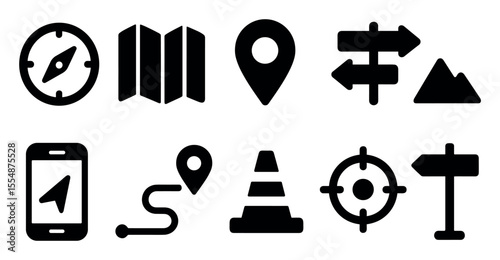 Navigation and travel solid icon set. directional and mapping icons collection