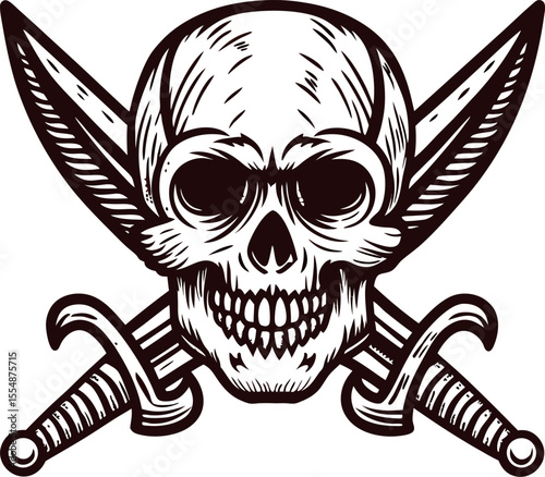 Vintage engraved skull with crossed swords hand drawn pirate symbol with menacing expression and detailed line art
