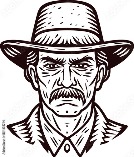 Serious cowboy with hat and mustache in vintage engraving isolated on white background illustration
