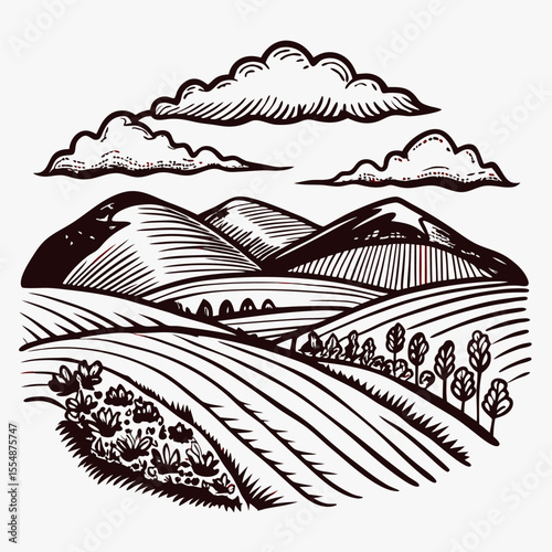 Hand drawn countryside landscape with mountains, fields, trees, and clouds in vintage engraving illustration
