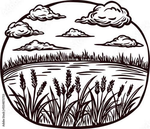 Hand drawn vintage pond landscape with reeds and grass, clouds in the sky, engraved nature illustration