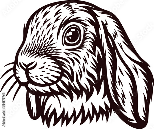Detailed hand drawn rabbit head illustration in vintage engraving with intricate fur and expressive features
