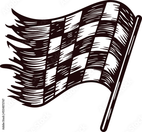 Hand drawn waving checkered racing flag illustration with vintage engraved look and dramatic shredded edge detail