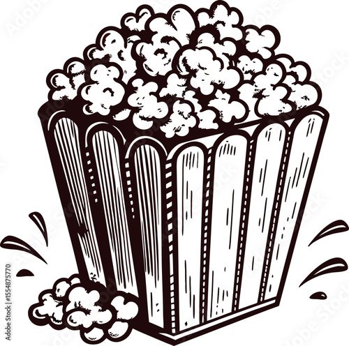 Hand drawn sketch of classic striped popcorn bucket overflowing with popcorn kernels