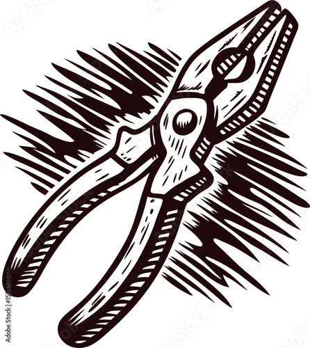 Hand drawn illustration of classic pliers gripping tool in vintage etching engraving