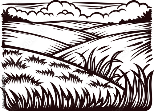 Hand drawn countryside landscape with grassy fields, rolling hills, and clouds in vintage engraved sketch
