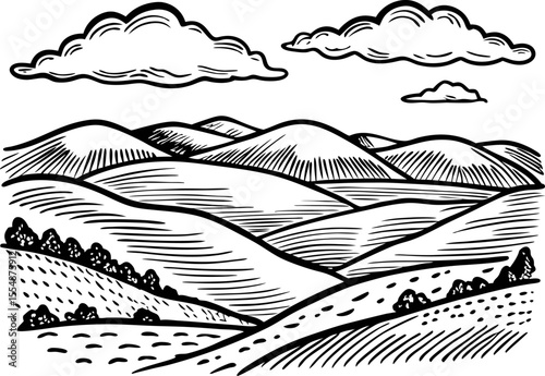 hand drawn rolling hills landscape with clouds and trees in vintage engraving sketch on white background
