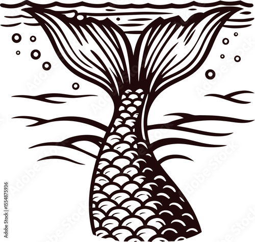 Mermaid tail illustration with scales underwater, stylized aquatic fantasy element, hand drawn engraving