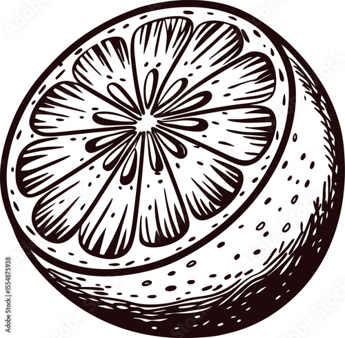 Hand drawn half citrus fruit slice illustration with seeds and textured peel in vintage engraved