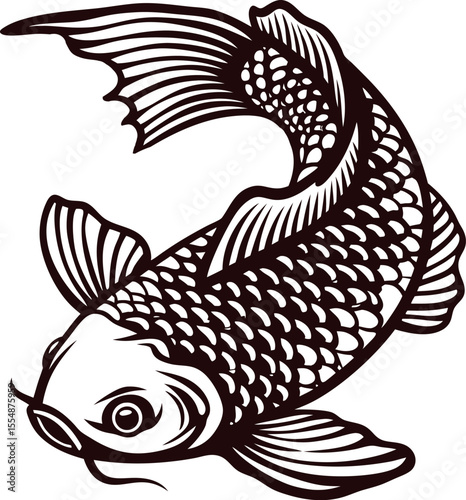 Intricate hand drawn koi fish illustration with detailed scales and flowing fins in black and white