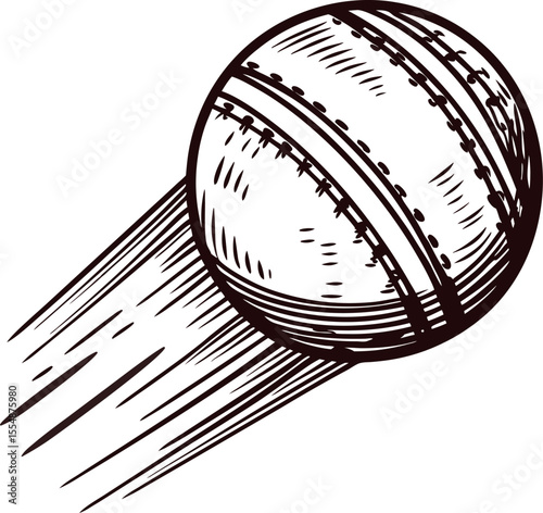 Hand drawn cricket ball with dynamic motion lines vintage sketch illustration isolated on white background