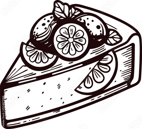Hand drawn lemon cheesecake slice with citrus garnish, vintage engraved dessert illustration on white background