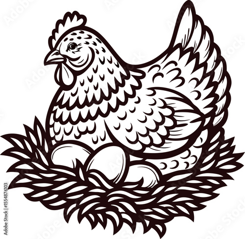 Hand drawn hen sitting on nest with eggs vintage black and white farm bird illustration