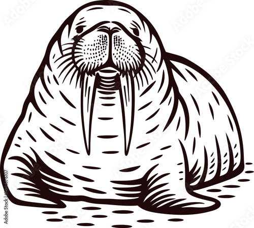 Hand drawn walrus illustration in vintage engraved sketch isolated on white background