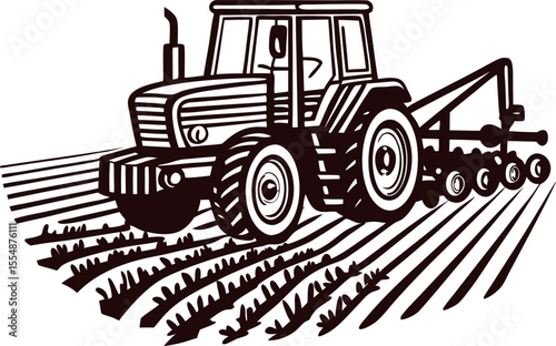 Vintage engraved illustration of farm tractor plowing a field with attached tillage equipment, stylized in retro drawing