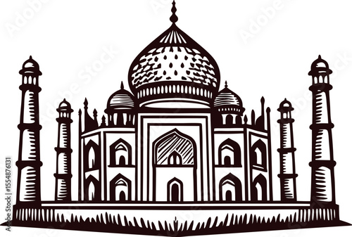 Hand drawn taj mahal illustration with detailed domes and minarets, ornate architectural monument sketch outline