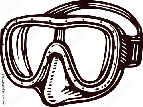 Hand drawn black and white diving mask sketch vintage snorkeling goggles isolated on white background illustration