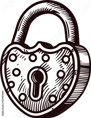 Hand drawn antique padlock illustration with dotted details and vintage keyhole design isolated on white background
