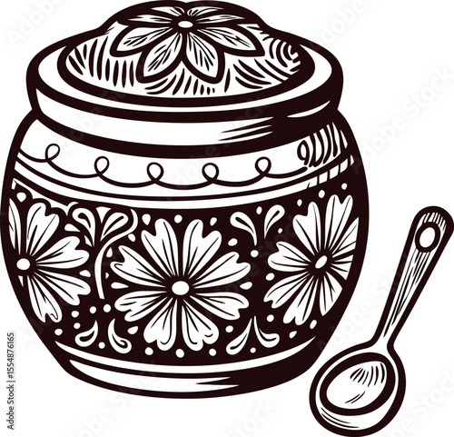 Hand drawn floral ceramic jar with lid and decorative spoon in vintage engraved sketch