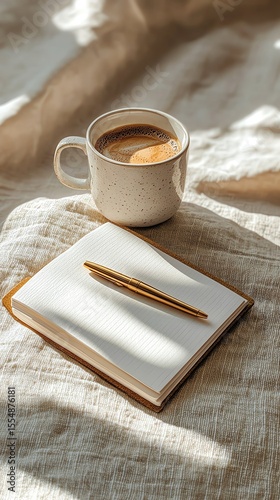 Cup of coffee with a book on a wooden table in a cozy morning setting