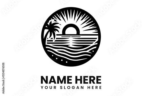 A black and white logo featuring a sunset over ocean waves with a palm tree.