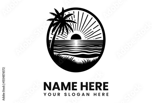 Silhouette of a tropical beach scene with palm tree and rising sun, inside a circular frame.