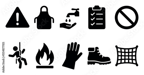 Safety and protection solid icon set. warning, emergency, health icons solid collection
