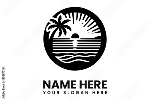 Black and white logo depicting a sunset over the ocean with a palm tree, enclosed in a circle.