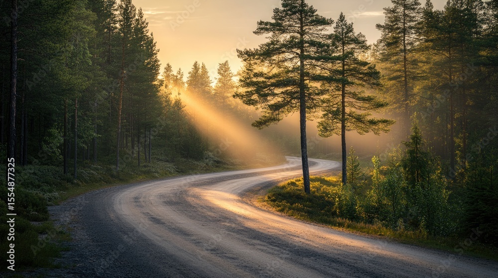 Fototapeta premium Winding road through a sunlit forest at sunrise.