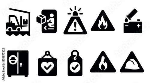 Safety and hazard solid icon set. warning, danger, alert icons in bold style