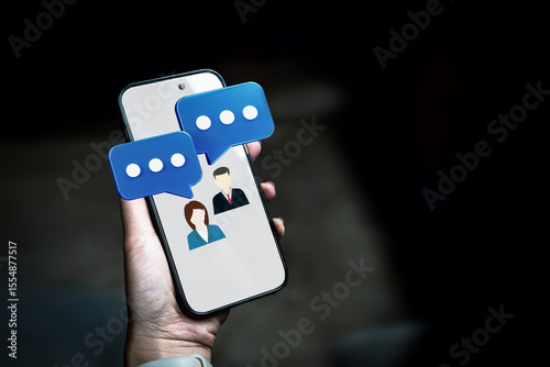 Smartphone mobile chatting with screen showing two profile icons and blue speech bubble. Concept of online communication, and customer service.