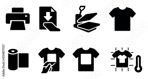 Printing, apparel solid icon set. transfer, t-shirt, heat press, textile icons collection