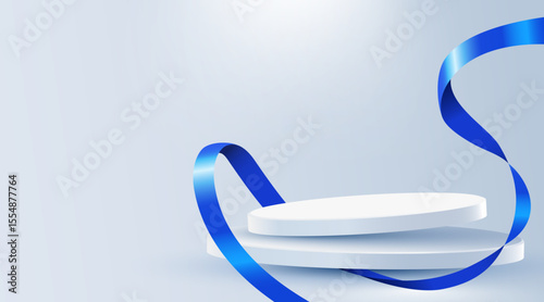 Abstract scene background. Cylinder podium background with ribbons. Product presentation, mock up, show cosmetic product, Podium, stage pedestal or platform. Vector illustration