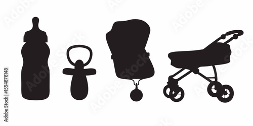 Baby essentials vector silhouette illustration of bottle pacifier stroller and baby carriage for new parents