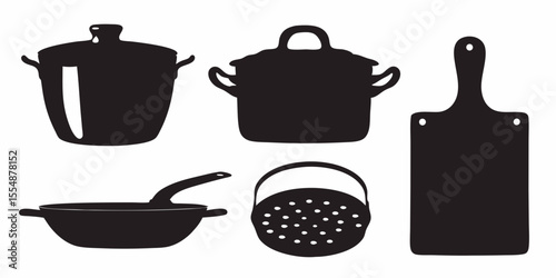 Kitchen utensils vector silhouette set of pots pans colander and cutting board for cooking needs design