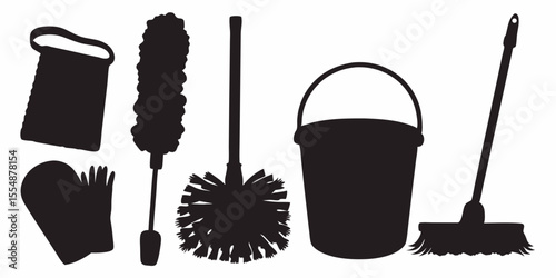 Cleaning supplies tools vector illustration for home and office hygiene and maintenance service design silhouette