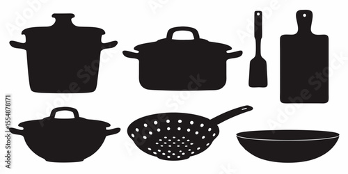 Kitchenware cooking utensils vector illustration of pots pans spatula and cutting board for culinary design silhouette