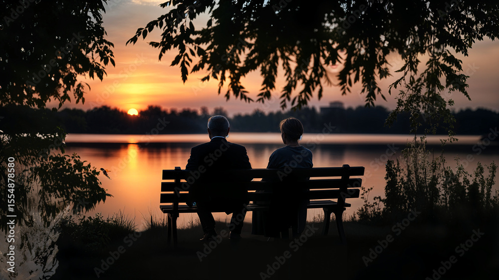A touching AI-generated scene of an elderly couple sitting on a bench by a serene lake at sunset. The warm colors reflect on the water, capturing companionship and timeless love, AI generative. A touching AI-generated scene of an elderly couple sitting on a bench by a serene lake at sunset. The warm colors reflect on the water, capturing companionship and timeless love, AI generative.